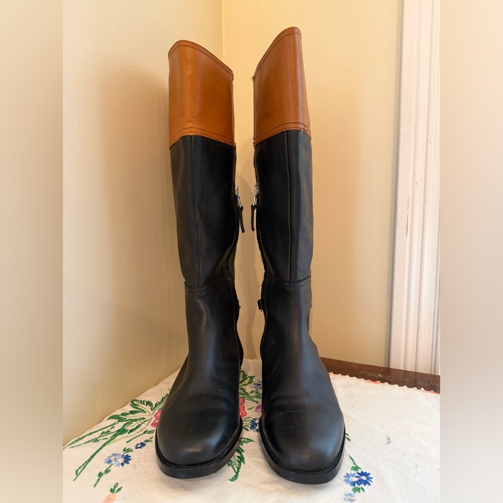 Lauren Ralph Lauren Berna Two-Tone Riding Boots Black Brown Leather Size 6.5B